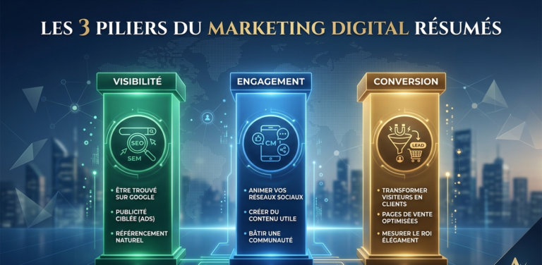 Les 3 piliers du marketing digital résumés en 1 image : le guide express AKXA DIGITAL.